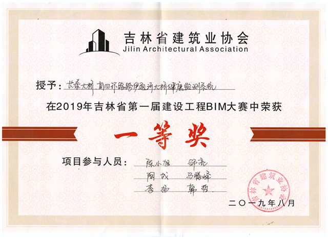 吉林省第一届建设工程BIM大赛证书